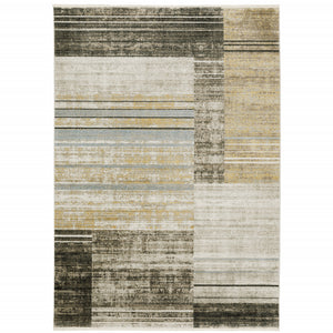 Homeroots 4' X 6' Beige Charcoal Brown Grey Tan Gold And Blue Geometric Power Loom Stain Resistant Area Rug With Fringe Beige,Charcoal Recycled Pet 510310