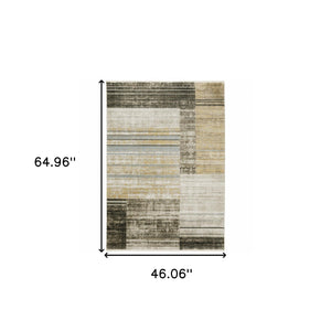 Homeroots 4' X 6' Beige Charcoal Brown Grey Tan Gold And Blue Geometric Power Loom Stain Resistant Area Rug With Fringe Beige,Charcoal Recycled Pet 510310