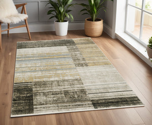 Homeroots 4' X 6' Beige Charcoal Brown Grey Tan Gold And Blue Geometric Power Loom Stain Resistant Area Rug With Fringe Beige,Charcoal Recycled Pet 510310