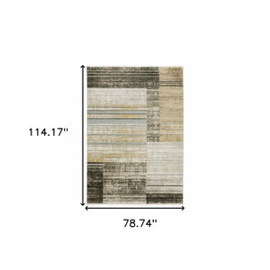Homeroots 6' X 9' Beige Charcoal Brown Grey Tan Gold And Blue Geometric Power Loom Stain Resistant Area Rug With Fringe Beige,Charcoal Recycled Pet 510312