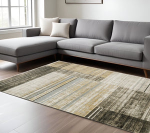Homeroots 6' X 9' Beige Charcoal Brown Grey Tan Gold And Blue Geometric Power Loom Stain Resistant Area Rug With Fringe Beige,Charcoal Recycled Pet 510312