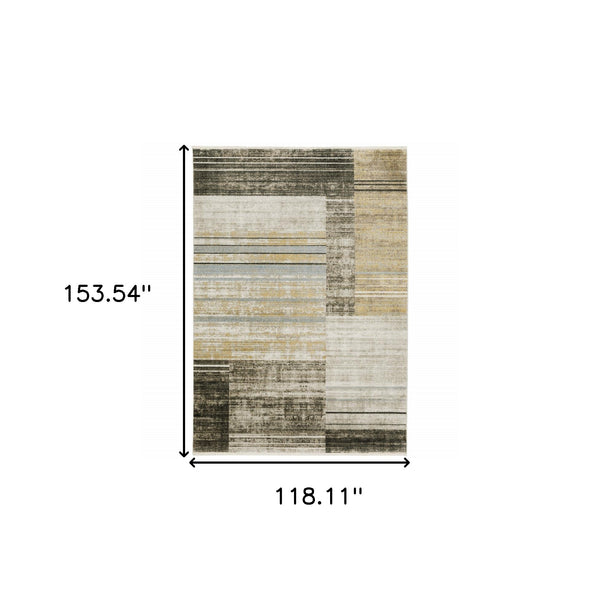 Homeroots 10' X 13' Beige Charcoal Brown Grey Tan Gold And Blue Geometric Power Loom Stain Resistant Area Rug With Fringe Beige,Charcoal Recycled Pet 510314