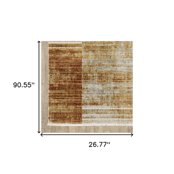 Homeroots 2' X 8' Brown And Ivory Geometric Power Loom Runner Rug With Fringe Rust,Gold Other Material 510315