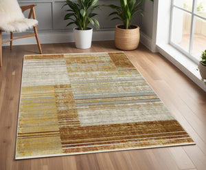 Homeroots 4' X 6' Rust Gold Blue Grey Ivory And Tan Geometric Power Loom Stain Resistant Area Rug With Fringe Rust,Gold Recycled Pet 510316