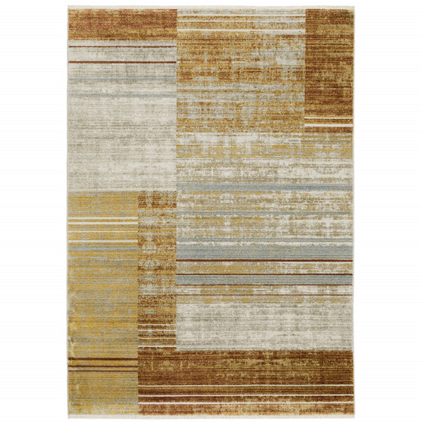 Homeroots 5' X 8' Rust Gold Blue Grey Ivory And Tan Geometric Power Loom Stain Resistant Area Rug With Fringe Rust,Gold Other Material 510317