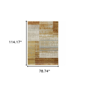 Homeroots 6' X 9' Rust Gold Blue Grey Ivory And Tan Geometric Power Loom Stain Resistant Area Rug With Fringe Rust,Gold Recycled Pet 510318
