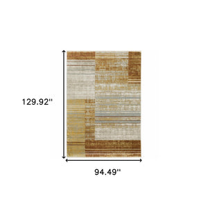 Homeroots 8' X 11' Rust Gold Blue Grey Ivory And Tan Geometric Power Loom Stain Resistant Area Rug With Fringe Rust,Gold Recycled Pet 510319