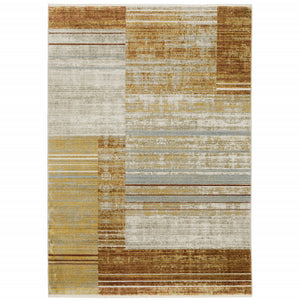 Homeroots 10' X 13' Rust Gold Blue Grey Ivory And Tan Geometric Power Loom Stain Resistant Area Rug With Fringe Rust,Gold Recycled Pet 510320