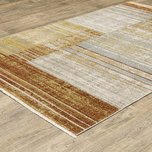 Homeroots 10' X 13' Rust Gold Blue Grey Ivory And Tan Geometric Power Loom Stain Resistant Area Rug With Fringe Rust,Gold Recycled Pet 510320