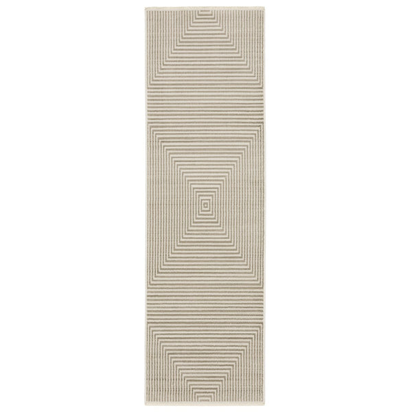 HomeRoots 8' Geometric Ivory Beige Taupe Runner Rug with Fringe - Elegant, Durable, Stain-Resistant Design 2'3" x 7'6" 510321