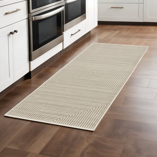 HomeRoots 8' Geometric Ivory Beige Taupe Runner Rug with Fringe - Elegant, Durable, Stain-Resistant Design 2'3" x 7'6" 510321