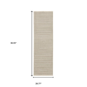 HomeRoots 8' Geometric Ivory Beige Taupe Runner Rug with Fringe - Elegant, Durable, Stain-Resistant Design 2'3" x 7'6" 510321