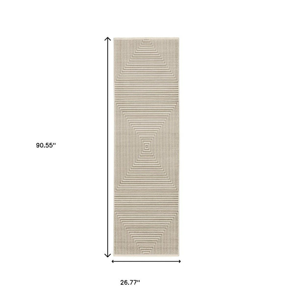 HomeRoots 8' Geometric Ivory Beige Taupe Runner Rug with Fringe - Elegant, Durable, Stain-Resistant Design 2'3" x 7'6" 510321
