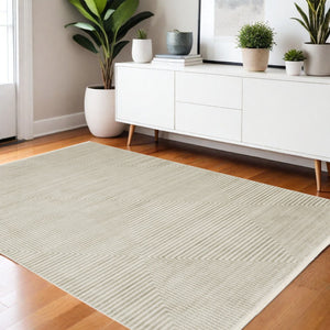 HomeRoots 8' Geometric Ivory Beige Taupe Runner Rug with Fringe - Elegant, Durable, Stain-Resistant Design 4' X 6' 510322