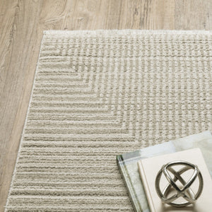 HomeRoots 8' Geometric Ivory Beige Taupe Runner Rug with Fringe - Elegant, Durable, Stain-Resistant Design 4' X 6' 510322