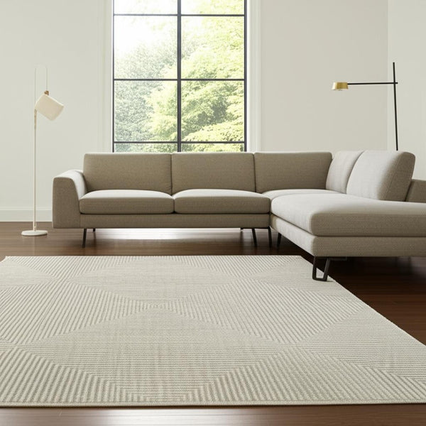 HomeRoots 8' Geometric Ivory Beige Taupe Runner Rug with Fringe - Elegant, Durable, Stain-Resistant Design 7' X 10' 510324