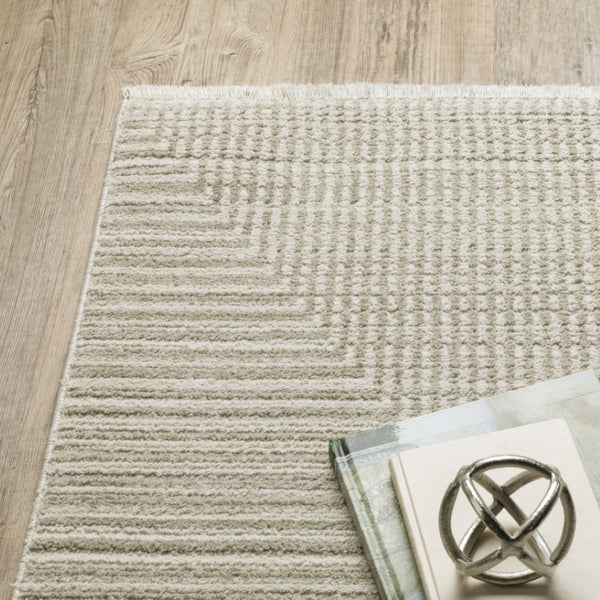 HomeRoots 8' Geometric Ivory Beige Taupe Runner Rug with Fringe - Elegant, Durable, Stain-Resistant Design 8' X 11' 510325
