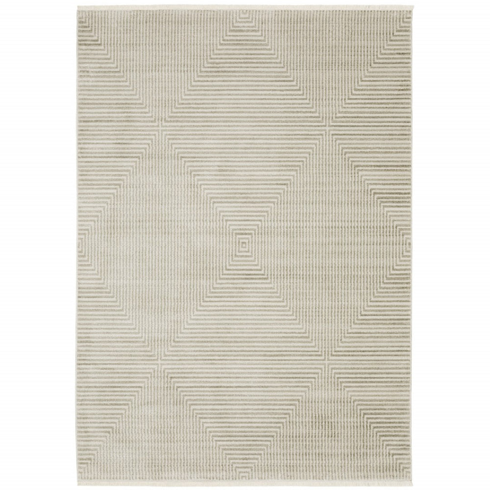 HomeRoots 8' Geometric Ivory Beige Taupe Runner Rug with Fringe - Elegant, Durable, Stain-Resistant Design 10' X 13' 510326