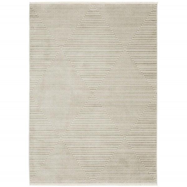 HomeRoots 8' Geometric Ivory Beige Taupe Runner Rug with Fringe - Elegant, Durable, Stain-Resistant Design 10' X 13' 510326