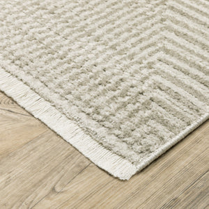 HomeRoots 8' Geometric Ivory Beige Taupe Runner Rug with Fringe - Elegant, Durable, Stain-Resistant Design 10' X 13' 510326