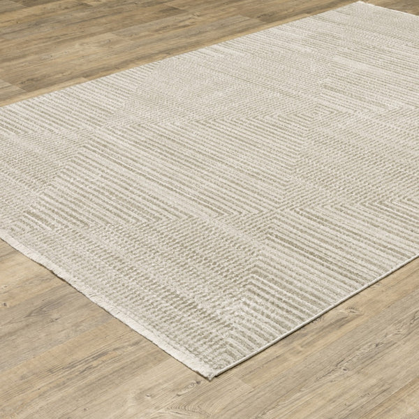 HomeRoots 8' Geometric Ivory Beige Taupe Runner Rug with Fringe - Elegant, Durable, Stain-Resistant Design 10' X 13' 510326