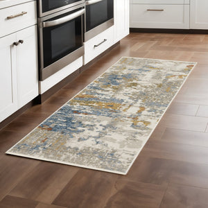 HomeRoots 8' Abstract Power Loom Runner Rug in Beige, Grey, Gold, and Teal - Stylish, Durable, Eco-Friendly Design 2'3" x 7'6" 510327