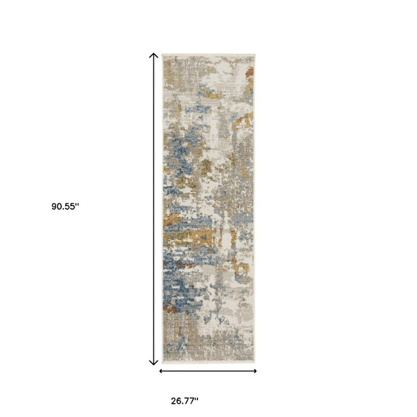 HomeRoots 8' Abstract Power Loom Runner Rug in Beige, Grey, Gold, and Teal - Stylish, Durable, Eco-Friendly Design 2'3" x 7'6" 510327