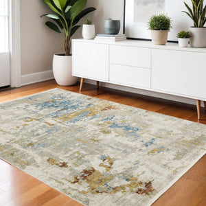 HomeRoots 8' Abstract Power Loom Runner Rug in Beige, Grey, Gold, and Teal - Stylish, Durable, Eco-Friendly Design 4' X 6' 510328