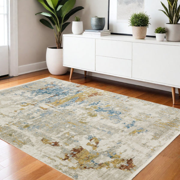 HomeRoots 8' Abstract Power Loom Runner Rug in Beige, Grey, Gold, and Teal - Stylish, Durable, Eco-Friendly Design 4' X 6' 510328
