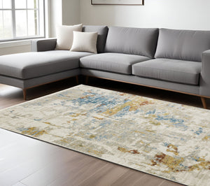 HomeRoots 8' Abstract Power Loom Runner Rug in Beige, Grey, Gold, and Teal - Stylish, Durable, Eco-Friendly Design 10' X 13' 510332