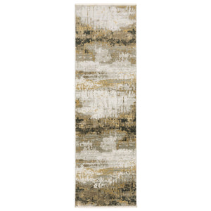 HomeRoots 8' Abstract Power Loom Runner Rug in Grey, Gold, Black, Charcoal, and Beige with Classic Fringe 2'3" x 7'6" 510333