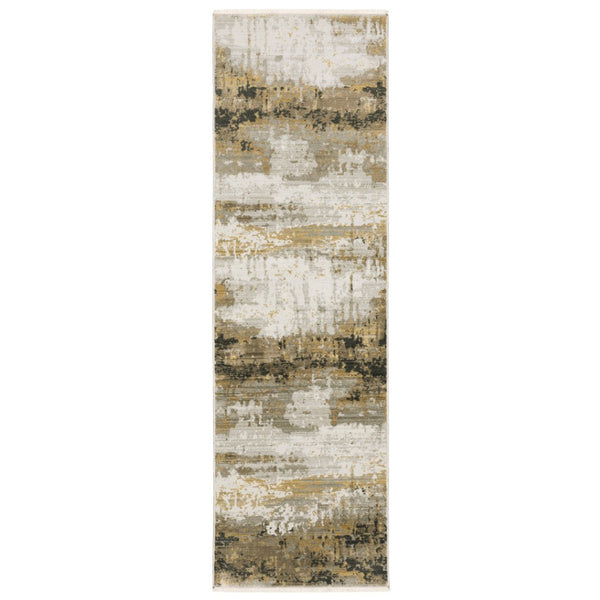 HomeRoots 8' Abstract Power Loom Runner Rug in Grey, Gold, Black, Charcoal, and Beige with Classic Fringe 2'3" x 7'6" 510333