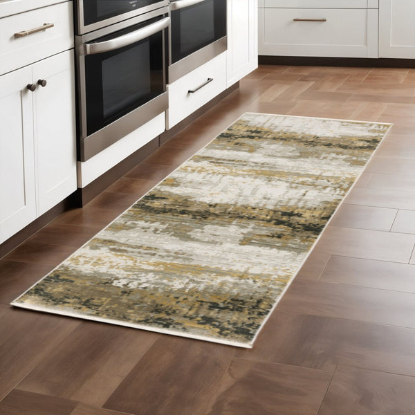 HomeRoots 8' Abstract Power Loom Runner Rug in Grey, Gold, Black, Charcoal, and Beige with Classic Fringe 2'3" x 7'6" 510333