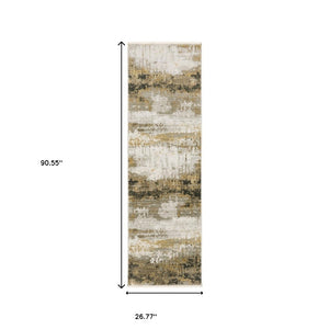 HomeRoots 8' Abstract Power Loom Runner Rug in Grey, Gold, Black, Charcoal, and Beige with Classic Fringe 2'3" x 7'6" 510333