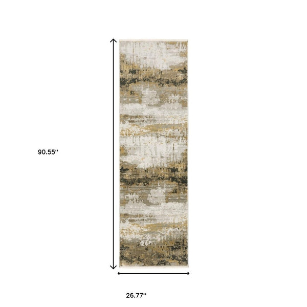 HomeRoots 8' Abstract Power Loom Runner Rug in Grey, Gold, Black, Charcoal, and Beige with Classic Fringe 2'3" x 7'6" 510333