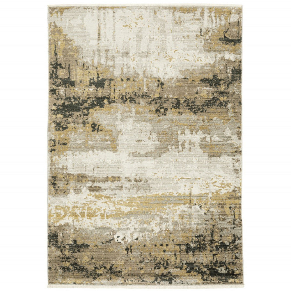 HomeRoots 8' Abstract Power Loom Runner Rug in Grey, Gold, Black, Charcoal, and Beige with Classic Fringe 4' X 6' 510334