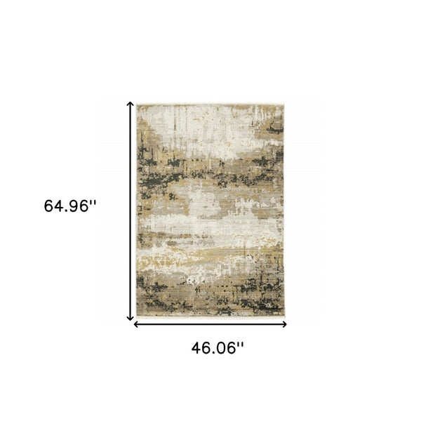 HomeRoots 8' Abstract Power Loom Runner Rug in Grey, Gold, Black, Charcoal, and Beige with Classic Fringe 4' X 6' 510334