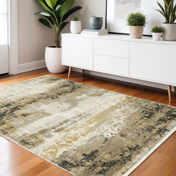 HomeRoots 8' Abstract Power Loom Runner Rug in Grey, Gold, Black, Charcoal, and Beige with Classic Fringe 4' X 6' 510334