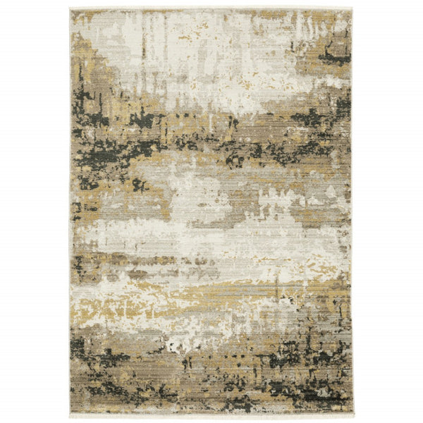HomeRoots 8' Abstract Power Loom Runner Rug in Grey, Gold, Black, Charcoal, and Beige with Classic Fringe 5' X 8' 510335