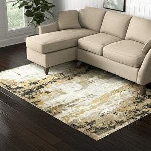 HomeRoots 8' Abstract Power Loom Runner Rug in Grey, Gold, Black, Charcoal, and Beige with Classic Fringe 5' X 8' 510335