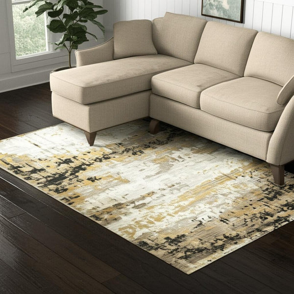 HomeRoots 8' Abstract Power Loom Runner Rug in Grey, Gold, Black, Charcoal, and Beige with Classic Fringe 5' X 8' 510335