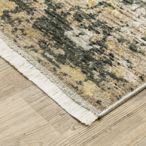 HomeRoots 8' Abstract Power Loom Runner Rug in Grey, Gold, Black, Charcoal, and Beige with Classic Fringe 7' X 10' 510336