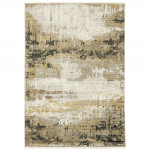 HomeRoots 8' Abstract Power Loom Runner Rug in Grey, Gold, Black, Charcoal, and Beige with Classic Fringe 8' X 11' 510337