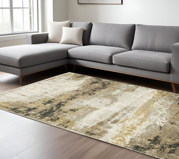 HomeRoots 8' Abstract Power Loom Runner Rug in Grey, Gold, Black, Charcoal, and Beige with Classic Fringe 8' X 11' 510337