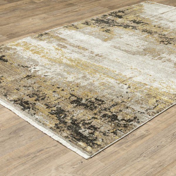 HomeRoots 8' Abstract Power Loom Runner Rug in Grey, Gold, Black, Charcoal, and Beige with Classic Fringe 8' X 11' 510337