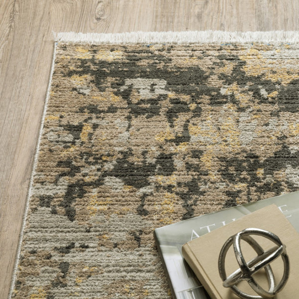 HomeRoots 8' Abstract Power Loom Runner Rug in Grey, Gold, Black, Charcoal, and Beige with Classic Fringe 8' X 11' 510337