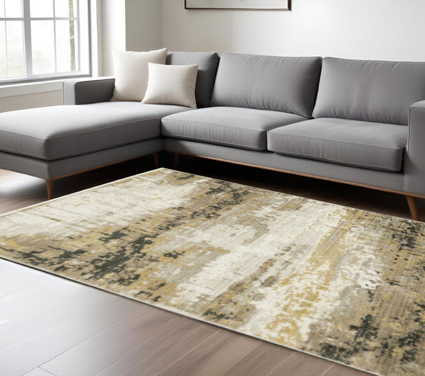 HomeRoots 8' Abstract Power Loom Runner Rug in Grey, Gold, Black, Charcoal, and Beige with Classic Fringe 10' X 13' 510338