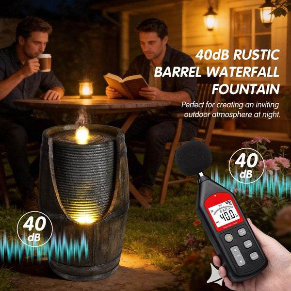 English Elm Outdoor Rustic Barrel Resin Fountain with Led Lights Farmhouse Waterfall Patio Decor Grayish Green W5397P453959