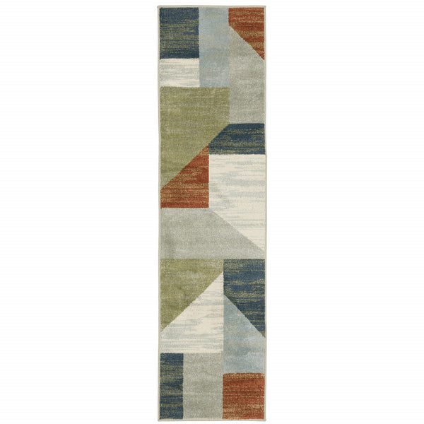 Homeroots 2' X 8' Grey Teal Blue Rust Green And Ivory Geometric Power Loom Stain Resistant Runner Rug  Polypropylene 510343