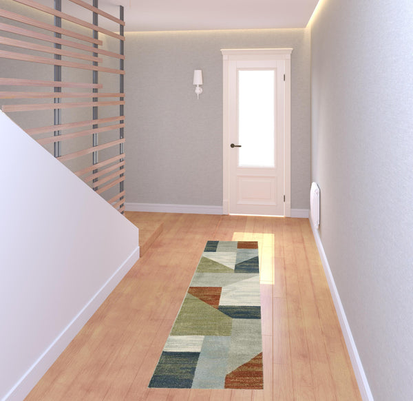 Homeroots 2' X 8' Grey Teal Blue Rust Green And Ivory Geometric Power Loom Stain Resistant Runner Rug  Polypropylene 510343